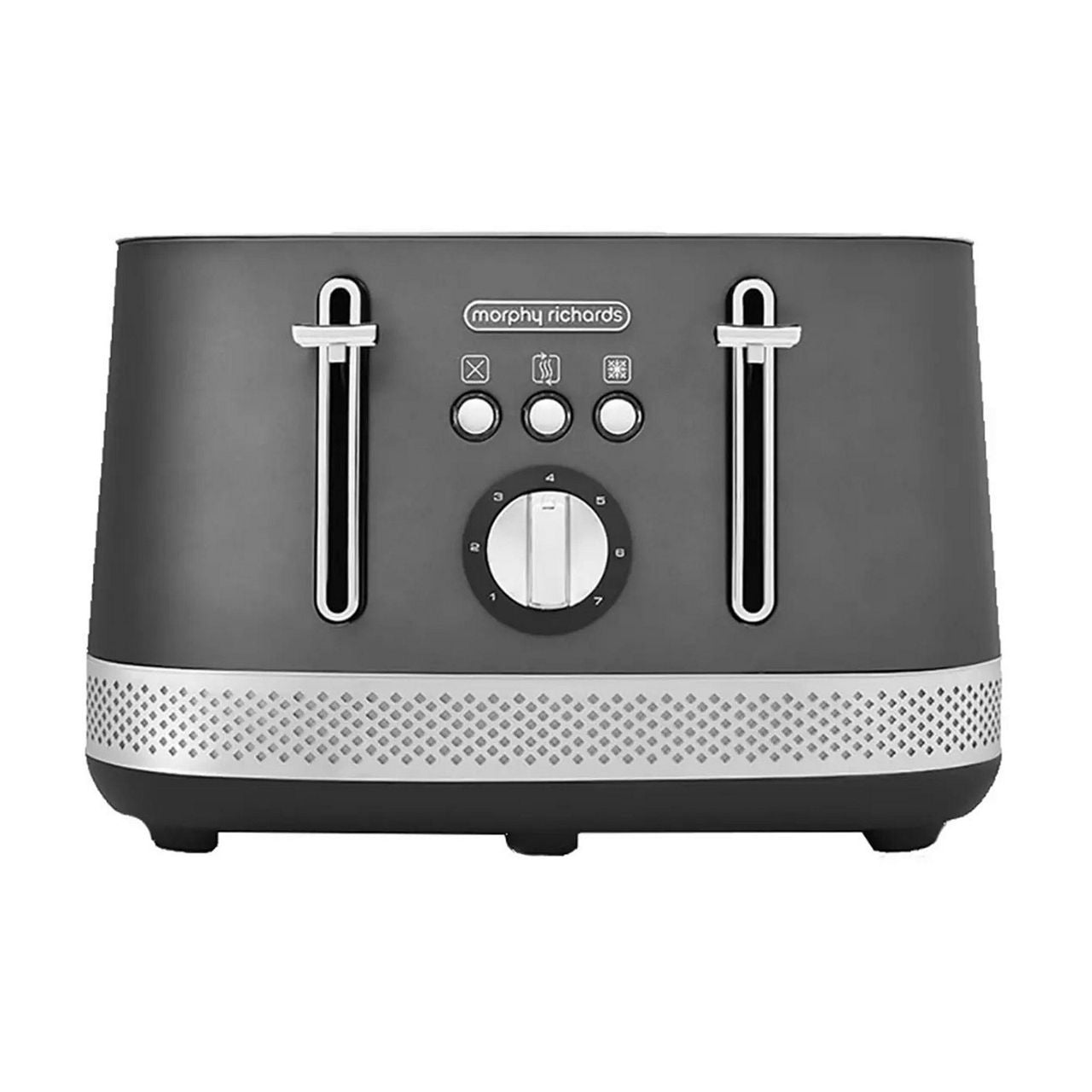 Gray toaster with silver accents on a white background