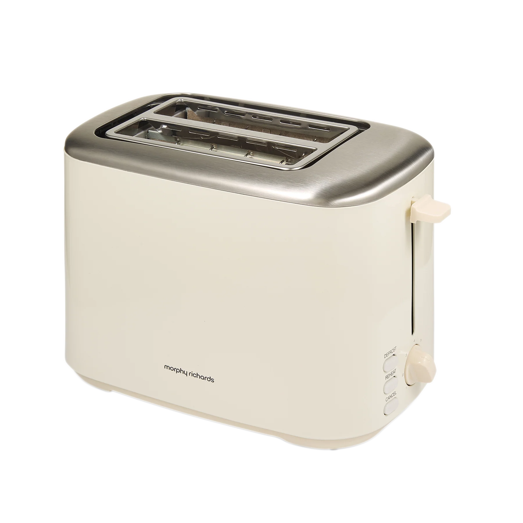 Beige toaster with metallic top on a white background