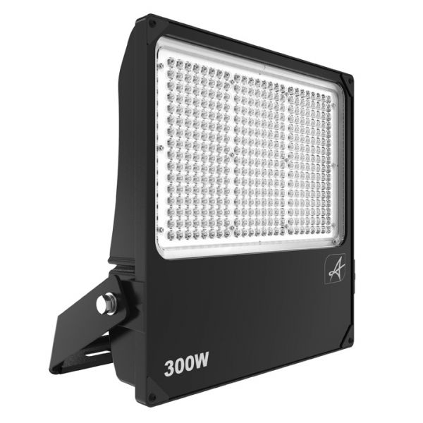 Black flood light with 300W rating on a white background