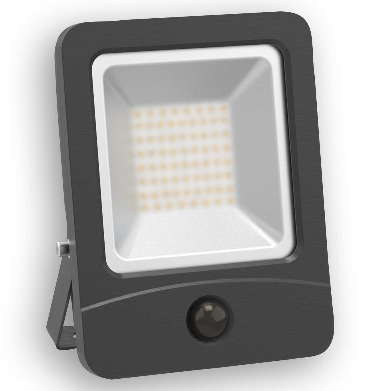 Black outdoor flood light with a sensor on a white background