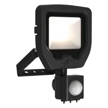 Black outdoor floodlight with motion sensor on a white background