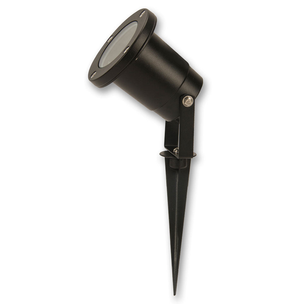 Black outdoor spotlight with spike on a white background