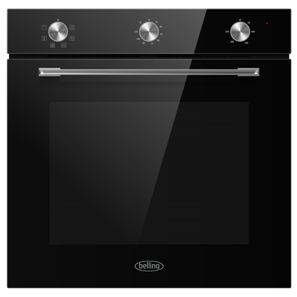 Black oven with control panel on a white background