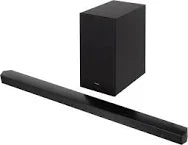 Black soundbar with subwoofer on a white background