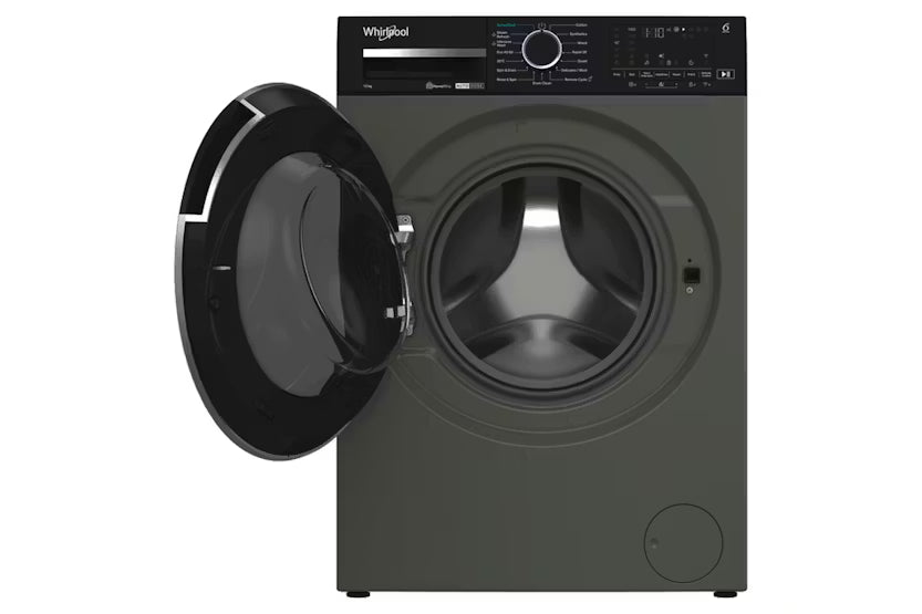 Black washing machine with open door on a white background