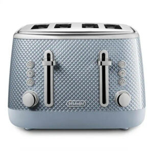 Blue toaster with a textured design on a white background