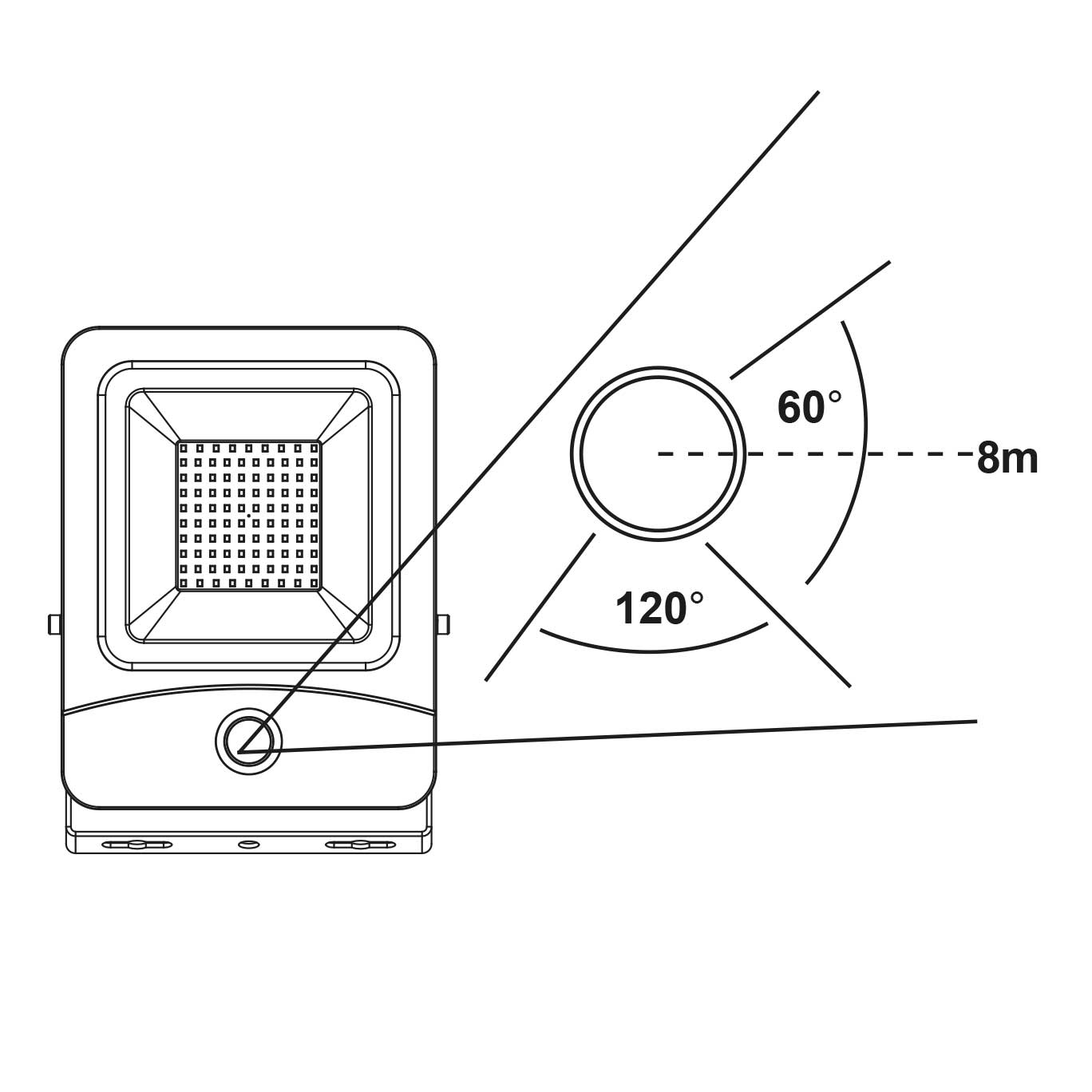 Diagram of a floodlight with light distribution angles and distance.