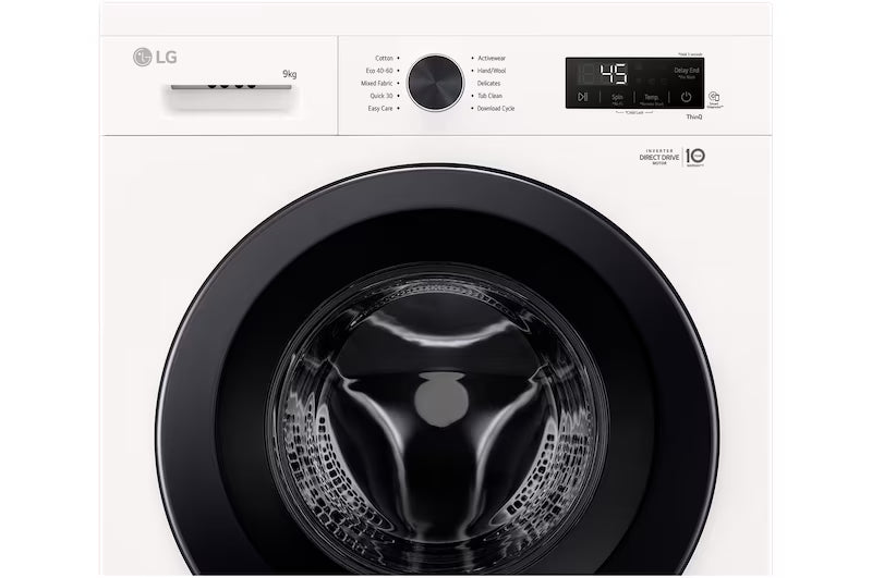 LG washing machine with open door on a white background