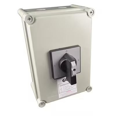 Metal electrical box with a switch on a white background