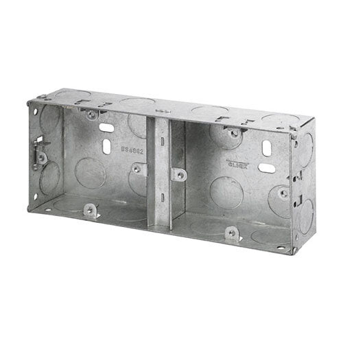 Metal electrical junction box on a white background
