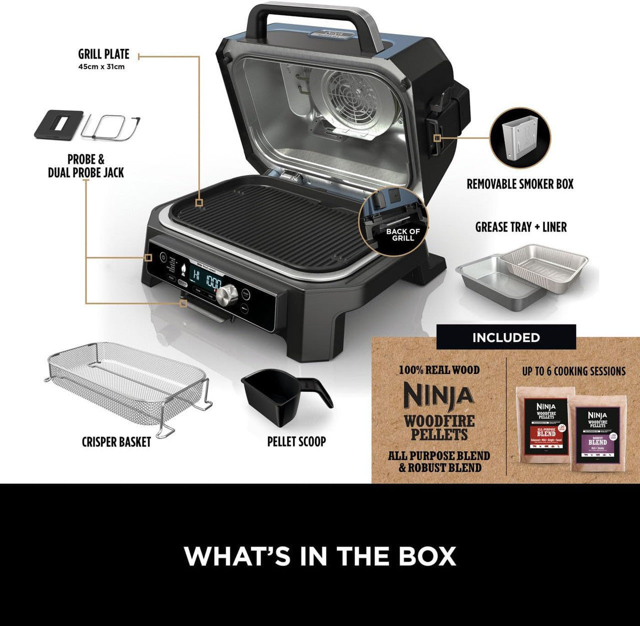 NINJA OG901UK WOODFIRE AND BBQ GRILL in white background