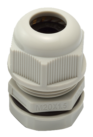 Plastic cable gland with threaded base on a white background
