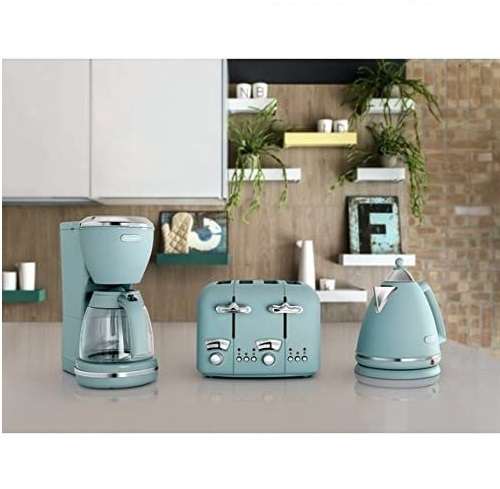 Set of teal kitchen appliances including a coffee maker, toaster, and kettle on a countertop.