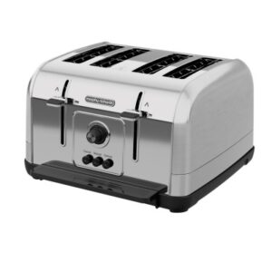 Silver and black toaster on a white background