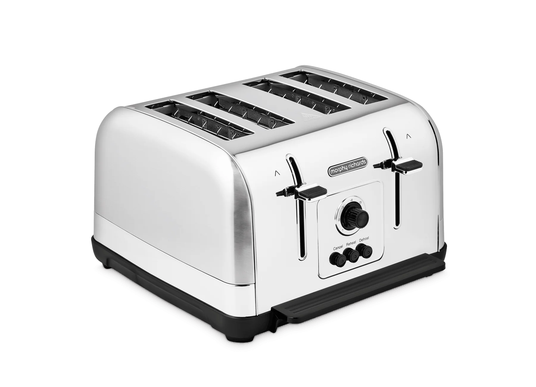 Silver toaster with black accents on a white background