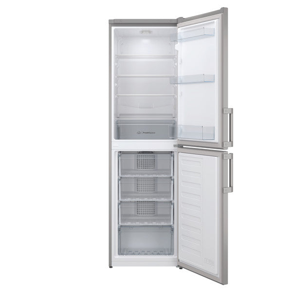 Stainless steel refrigerator with open doors on a white background
