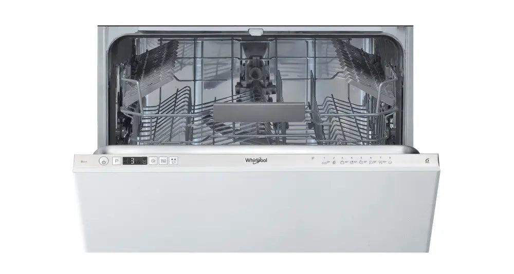 Whirlpool dishwasher with open door on a white background