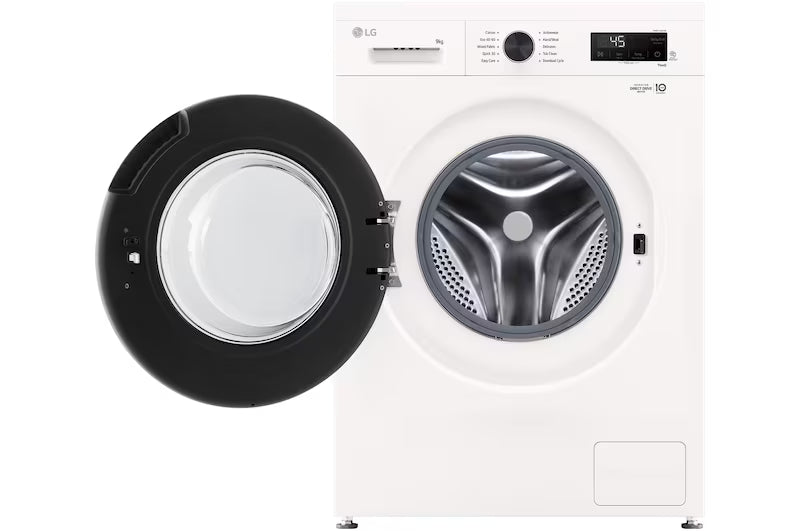White LG washing machine with open door showing inner drum
