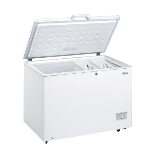 White chest freezer with open lid on a white background