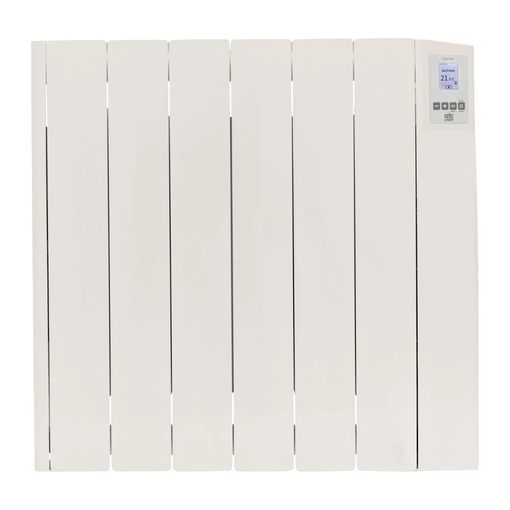 White electric radiator with digital display on a white background