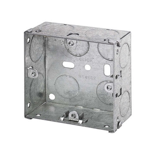 Metal electrical junction box on a white background