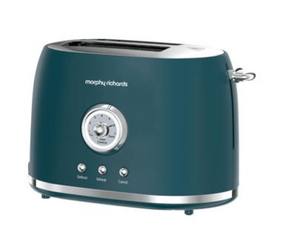 Blue toaster with silver accents on a white background