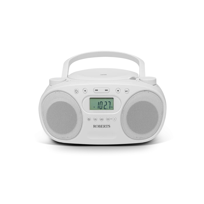 A white Roberts Zoombox FM portable radio 
