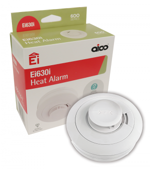 Aico heat alarm with packaging on a white background