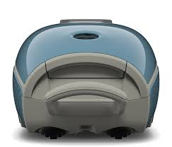 Back view of a blue and gray lawn mower on a white background