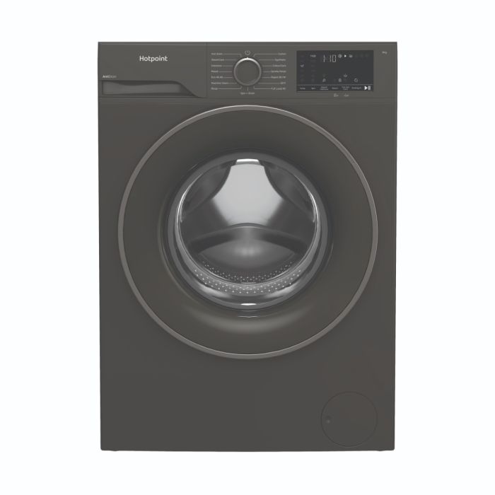 Black Hotpoint washing machine on a white background