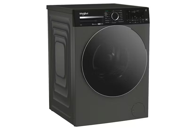 Black Whirlpool washing machine on a white background