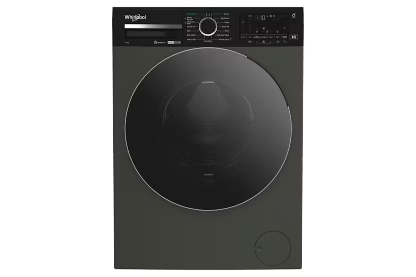 Black front-loading washing machine on a white background