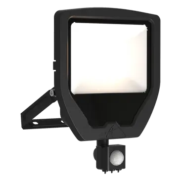Black outdoor floodlight with motion sensor on a white background