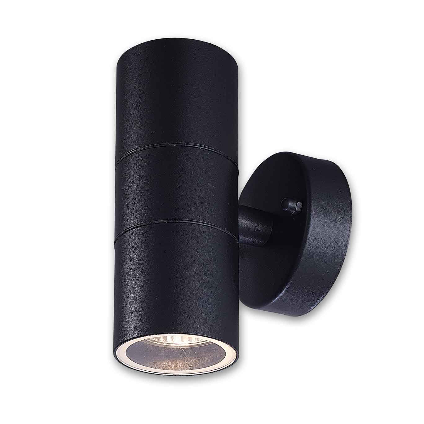 Black outdoor wall light fixture on a white background
