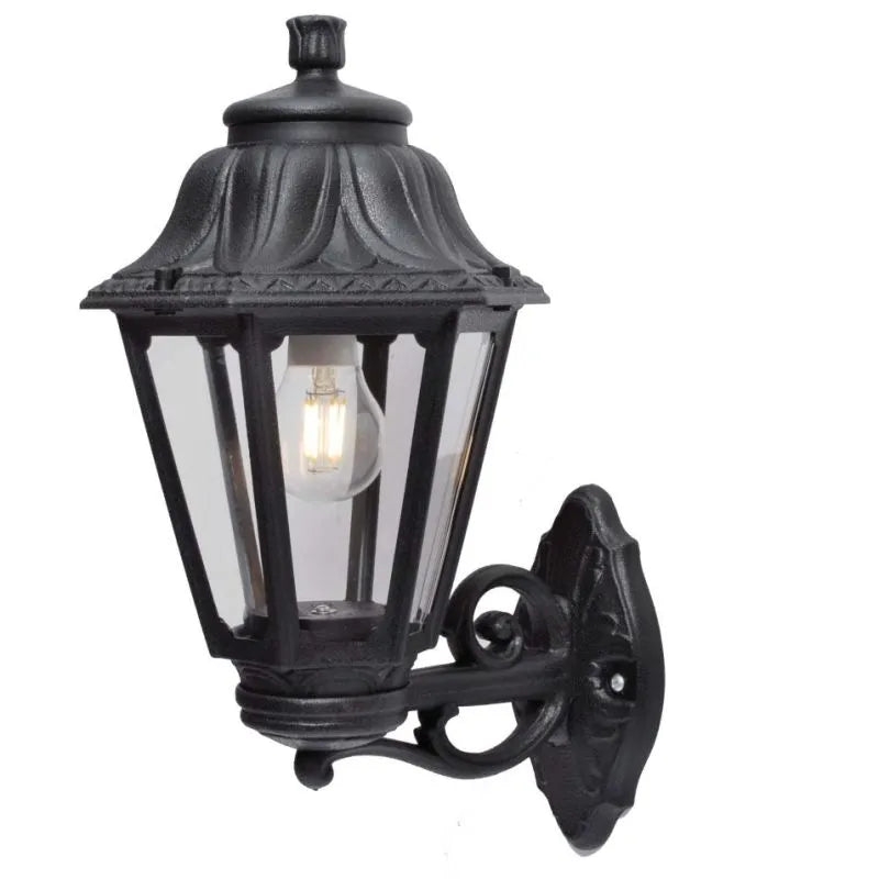 Black outdoor wall light fixture on a white background