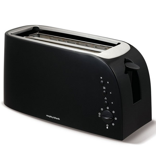 Black toaster with silver interior on a white background
