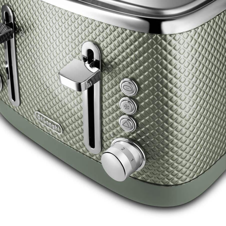 Close-up of a green Delonghi toaster