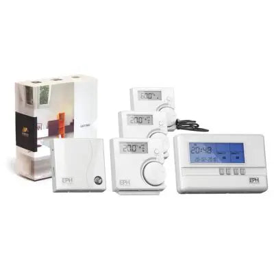 Collection of electronic timers and controllers on a white background