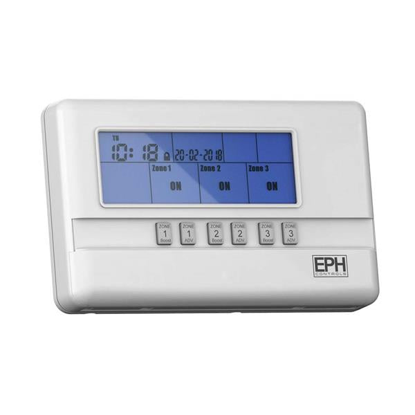 Digital thermostat with a blue display on a white background
