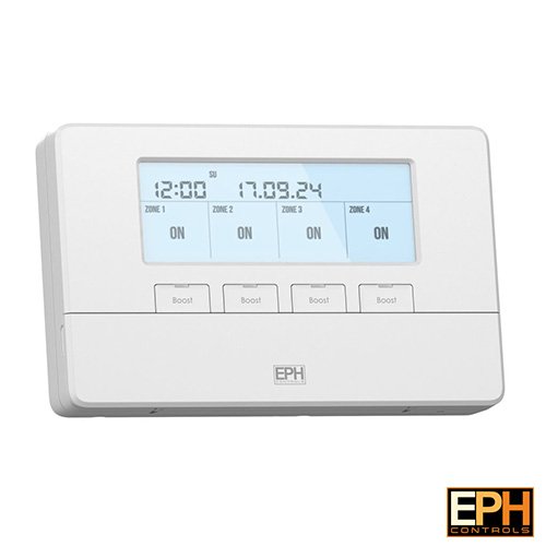 Digital thermostat with a white background and EPH Controls logo