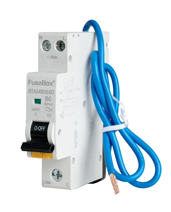 FuseBox electrical circuit breaker with blue cable on a white background