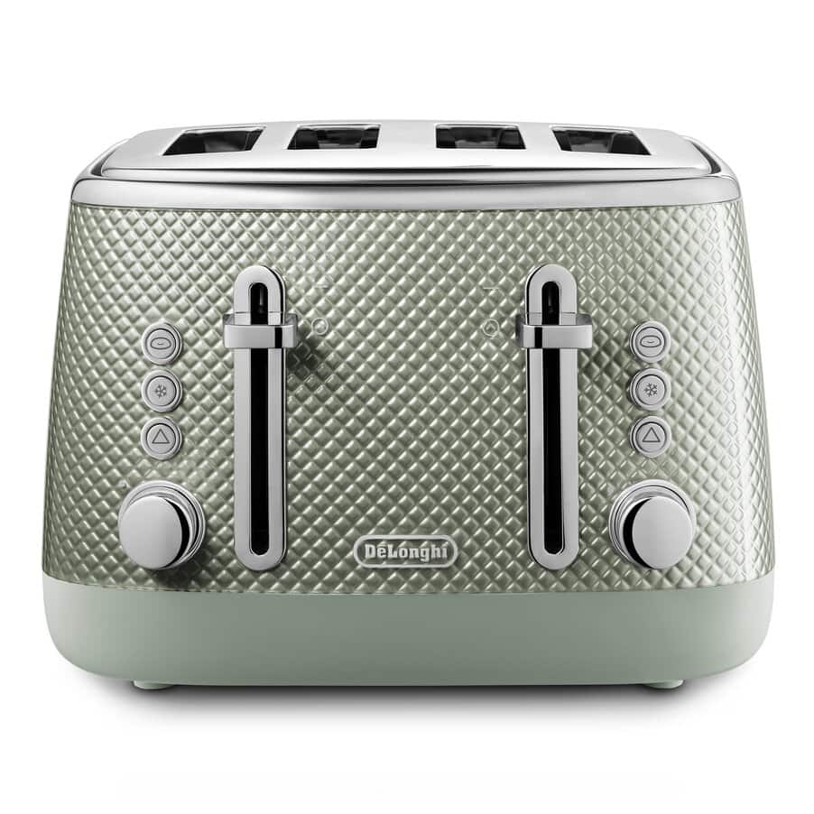 Green toaster with diamond pattern and Delonghi logo 
