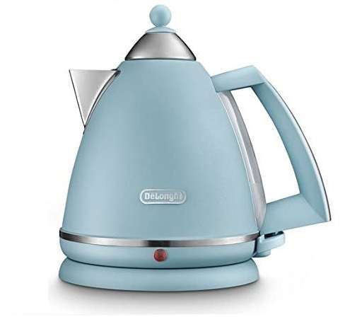 Light blue electric kettle with silver accents on a white background