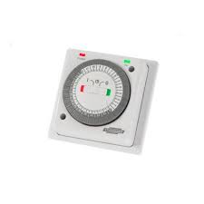 Mechanical timer with circular dial and rectangular casing on a white background