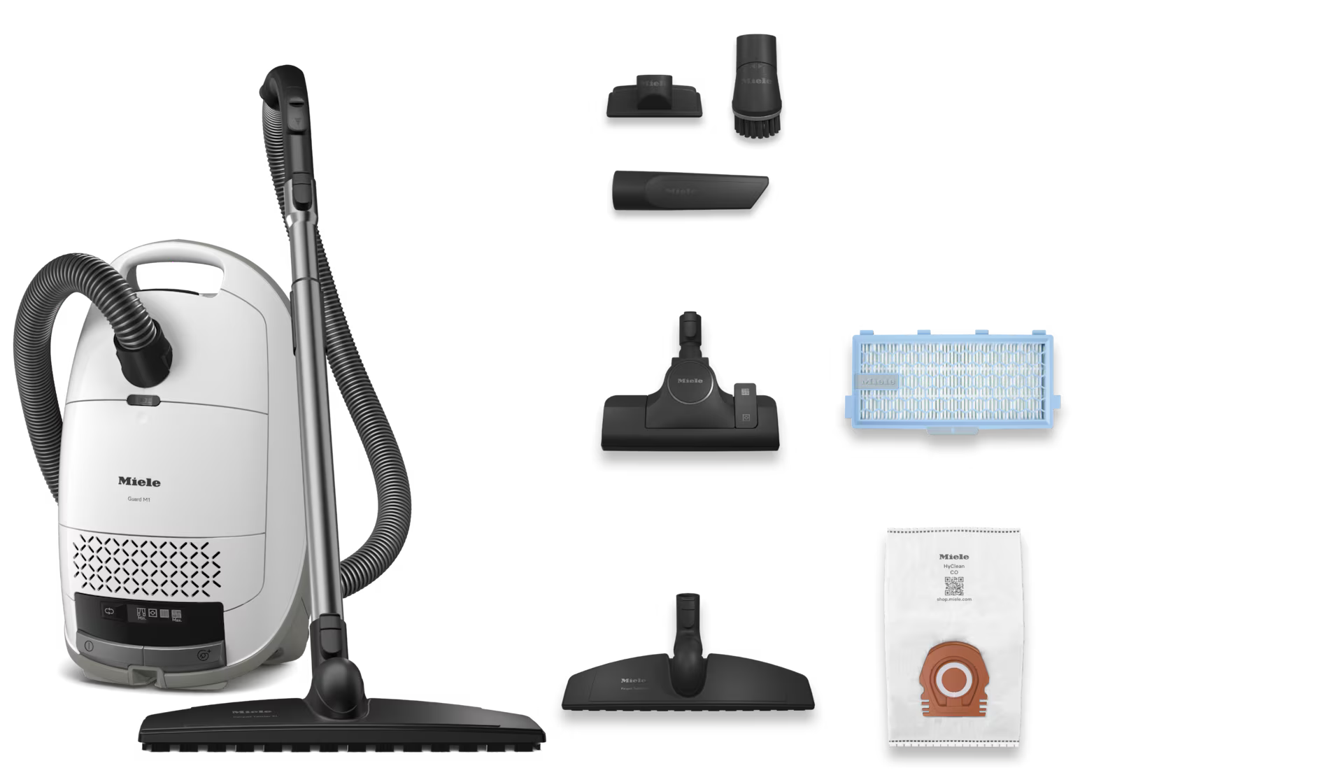 Miele vacuum cleaner with attachments on a white background