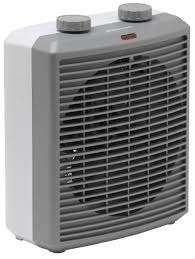 Portable electric space heater with a white and gray design.