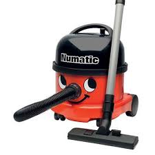 Red and black Numatic vacuum cleaner on a white background