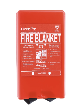 Red fire blanket packaging with text and graphics 