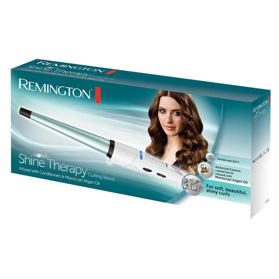 Remington Shine Therapy curling wand packaging with a woman's face on a white background