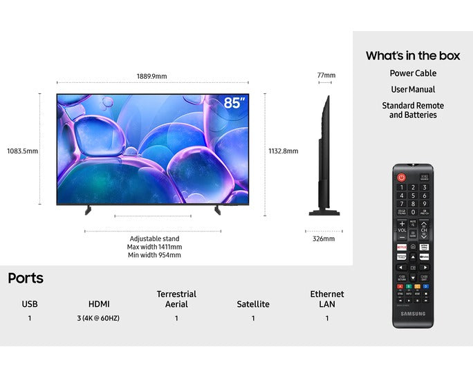 Samsung 85" Crystal UHD U7000F 4K Smart TV - Black | UE85U7000FKXXU